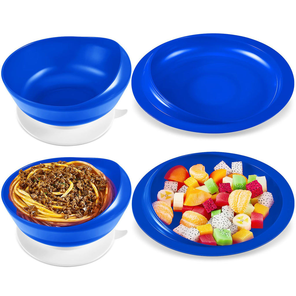 Hushee 2 Sets Spill Proof Scoop Bowl and Plate Set with Suction Base Adaptive Self Feeding Dinnerware for Elderly Disabled Handicapped from Parkinsons Dementia Stroke Tremors (Blue)